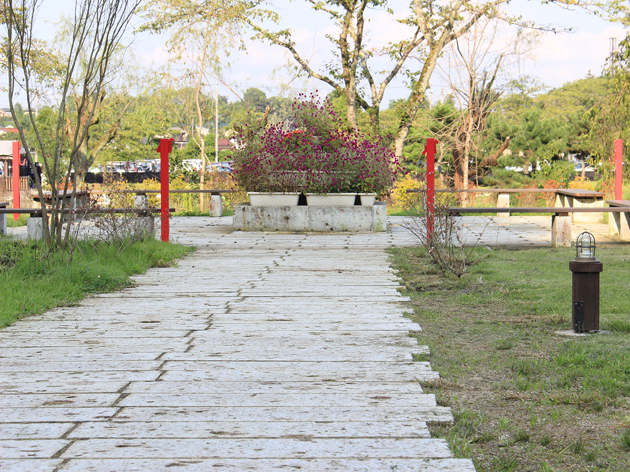 愛犬の足に優しい「大谷石」を使った歩道。大谷石には抗菌消臭効果もあるそう