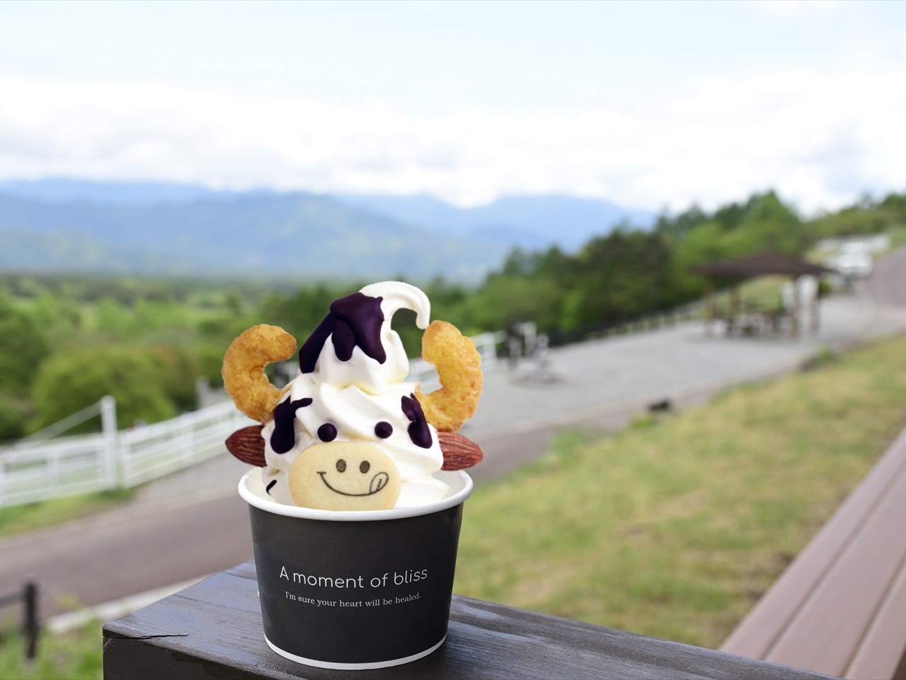 高原を背景にした牧場のウシさんソフト